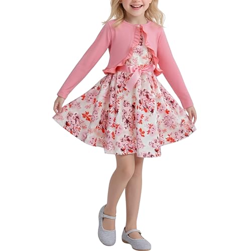Size 4-8Y Girl's Floral Dress & Long Sleeve Ruffle Trim Jacket Casual Layered Little Girl Dress