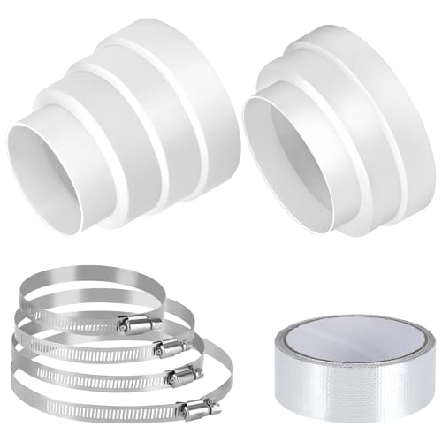 2 Stk Abluftschlauch Adapter, Reduzierstück Ø 80 100 110 120 150 160 mm, Lüftungskanal mit 4 Edelstahl Schlauchschellen Aluminiumfolienband, Rollen Lüftungsrohr PP Rohrverbinder für Lüftungskanäle