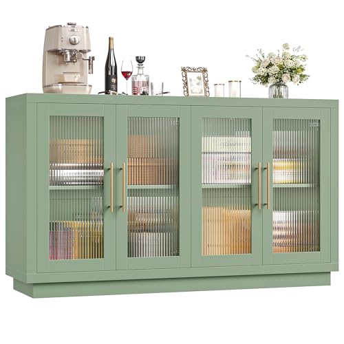 FOTOSOK Buffet Cabinet with Storage, 55.1" Large Sideboard Cabinets, Modern Sideboard Kitchen Cabinet with 4 Fluted Glass Doors, Wood Coffee Bar Buffet Table for Kitchen, Green