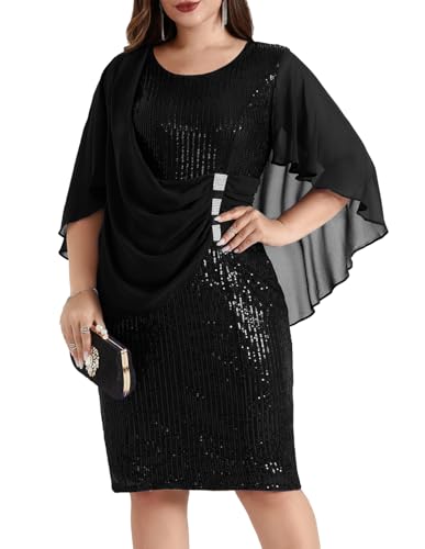 Hanna Nikole 2024 Womens Sequin Party Dress Plus Size Chiffon Cape Sleeve Cocktail Midi Dress