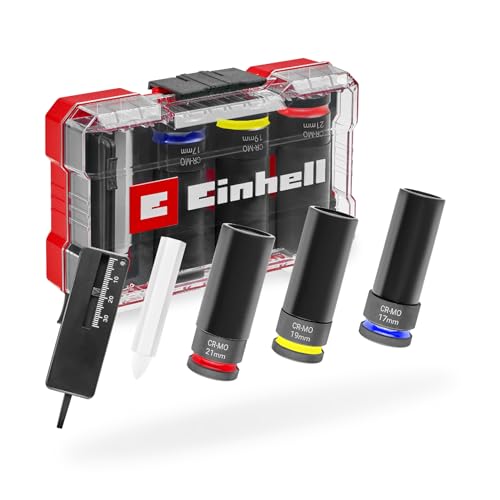 Original Einhell set impact 5 pezzi per auto (protezione cerchio, lega CrMo, 17/19/21 mm, lunghezza 80 mm, codifica colori, misuratore, gesso pneumatici, utensile 1/2)