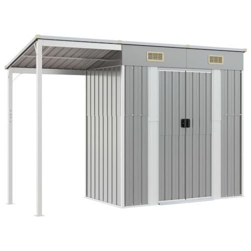vidaXL Cobertizo Jardín Tejado Alargado, Caseta con Almacenaje, Cobertizo de Herramientas Leña, Caseta de Muebles Equipos, Acero Gris