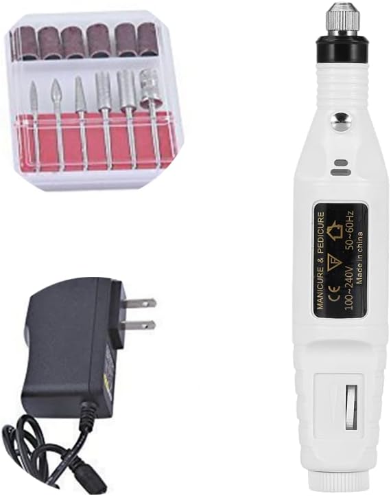 Nail Drill, 6 in 1 Professional Pen Shape Electric Nail File Manicure Pedicure Kit Handpiece Grinder with Polishing Tools(White)