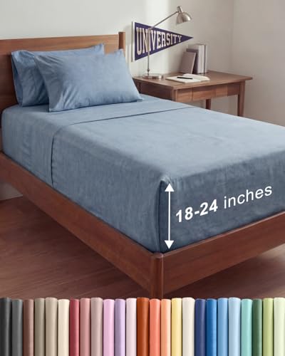 Image of Extra Deep Twin XL Sheet Set - 4 Piece Cooling Bed Sheets - Heathered Blue | Hotel Luxury Bed Sheets Set, Easy & Secure Fit, Ultra-Soft, Wrinkle & Fade Free, Comfy Sheets Set with Extra Deep Pockets