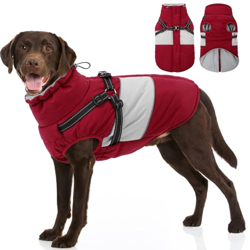 Image of Dog Jacket, Large Dog Coat with Harness Built in, Warm Pet Winter Jacket Zippered Snow Coat with Furry Collar, Waterproof Fleece Snowsuit for French Bulldog, Burgundy L