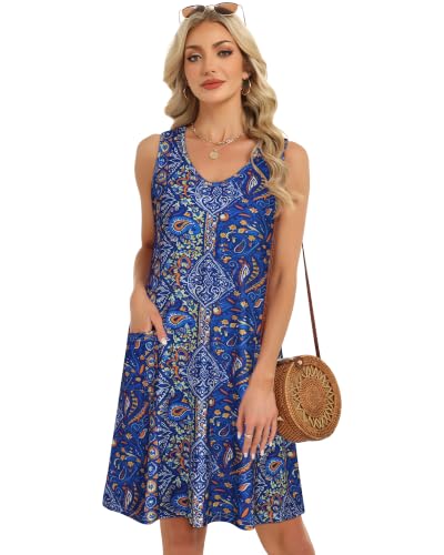 Image of Womens Summer Dresses Casual V Neck Sleeveless Pockets Beach Loose Sundress