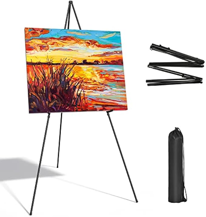 Display Black Easel Stand for Wedding Sign - Artist Instant Tripod Collapsible Portable Floor Easel for Posters- 63" Adjustable Easy Folding Metal Stand for Display Show, Arts, Painting