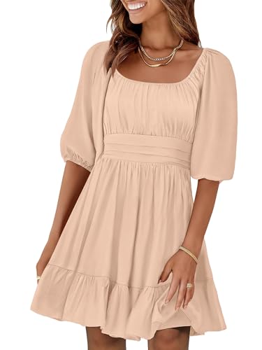Image of ANRABESS Womens Lantern Short Sleeve Square Neck Casual Flowy Mini Dresses 2026 Holiday Summer Spring Beach Vacation Clothes
