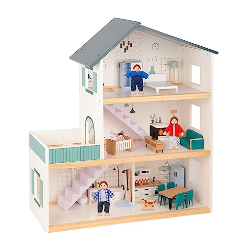 OOOK Casa de muñecas de madera grande, casa de muñecas con 3 niveles, casa de muñecas a partir de 3 años para niñas (incluye 21 muebles, 4 muñecas familiares y un perro)