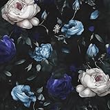 Laatse Dark Floral Peel and Stick Wallpaper, Black/Blue Vintage Floral Contact Paper, Waterproof Self Adhesive Boho Decor Black Rose Wall Paper for Bedroom Walls Bookcase Drawers 17.5in x 118in