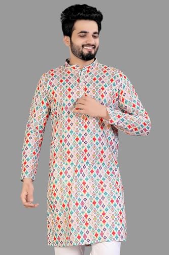 Image of LookMark Men's Cotton Blend Printed Long Kurta Suitable for All Indian Wedding, Occasions, and Festivals