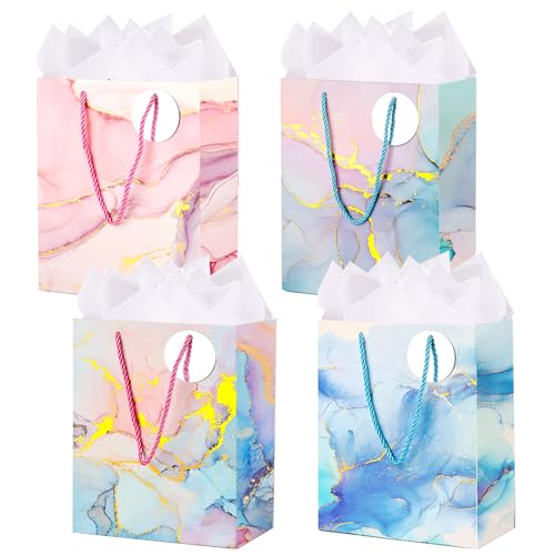 Medium Gift Bags 4 Pack 9 Marble Paper Bag with Tissue Paper for Mothers Day Birthday Anniversary Wedding Baby Shower(Marble)