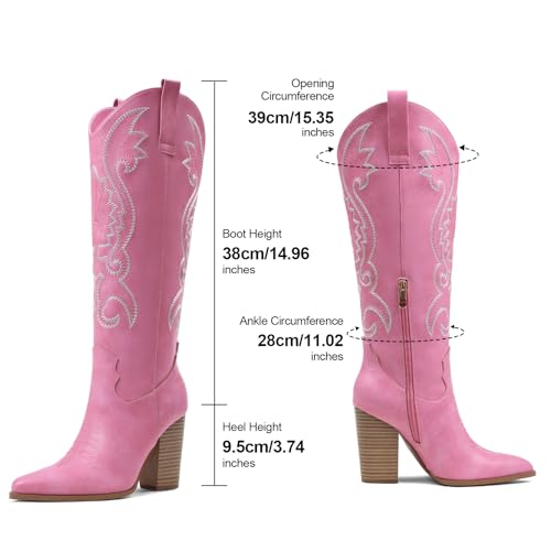 Image of VOMIRA Knee High Cowboy Boots for Women Pointed Toe Chunky High Heels Pull-on Embroidered Boots Western Boots Wide Calf Cowgirl Boots