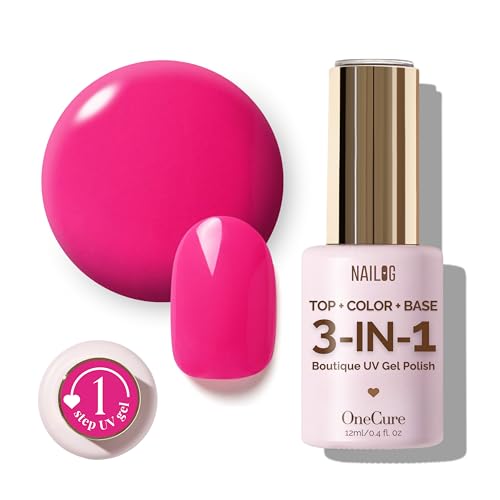 NAILOG Hot Pink Gel Nail Polish 12ml Top Coat Color Gel Base One Step 3-In-1 Formula Soak Off UV Gel Polish for Home DIY & Gifting | Fuchusia