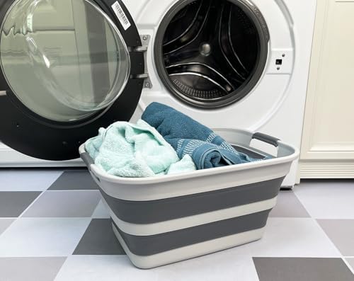 Image of SMMART Collapsible Plastic Laundry Basket with Handle /Foldable Pop Up Storage Hamper /Portable Laundry Organizer-Space Saving Washing Tub /Household Storage Supplies (Grey /Steel Grey, 27L)