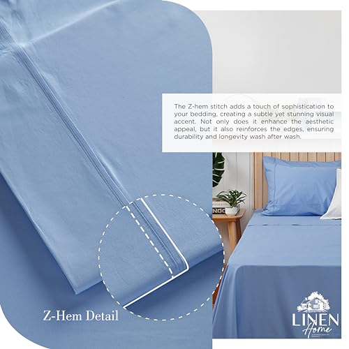 Image of Linen Home 2-Pack Queen Sheet Set, 100% Cotton Percale Bedding, 8-Piece Value Bundle, Deep Pocket Cooling Bed Sheets for Hot Sleepers, Breathable & Crisp Hotel Quality, Long-Staple Cotton, Baby Blue
