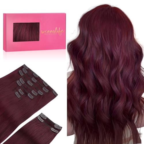 WENNALIFE Clip in Hair Extensions, 150g 16 Inch 9pcs Light Burgundy Remy Hair Thicker Double Weft Extensiones De Cabello Humano Con Clip Ins Straight Full Volume