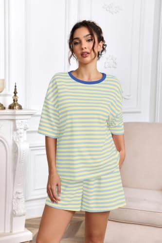 Image of Ythomm Striped Pajamas Shorts Sets Women 2 Piece Lounge Outfits Short Sleeve Tees Drawstring Shorts Summer Matching Pj Sets