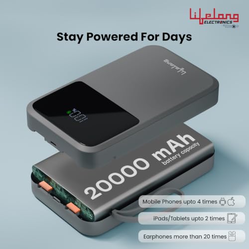 Image of Lifelong Electronics 20000mAh 22.5W Fast Charging Power Bank | 3 Inputs (1 Built-in USB A Cable + 1 C + 1 Lightning Port) & 6 Outputs (3 Built-in Cables + 1 C + 2 A Port) | Small Pocket Size Powerbank