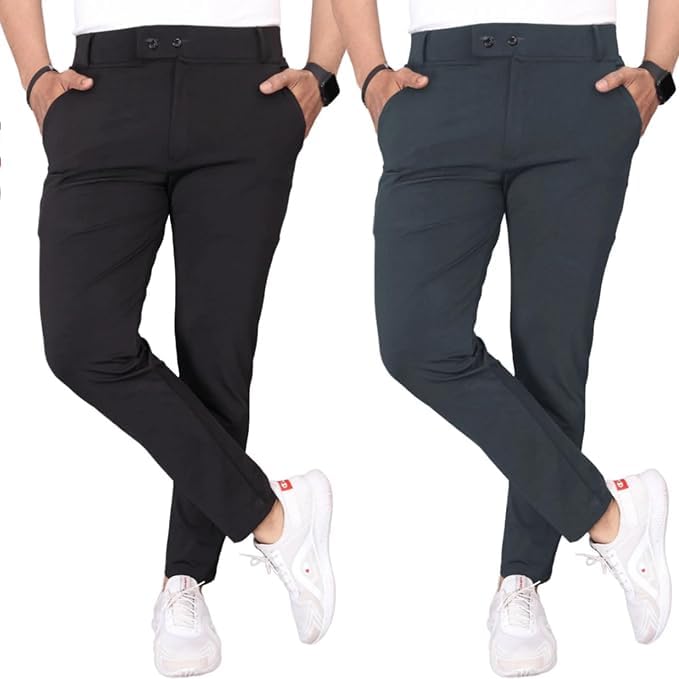 Image of Men's Slim Fit Casual Trousers Combo Pack of 2 | Stretchable Formal Pants for Men | Mid Rise Smart Office & Casual Wear Ankle Length Trouser