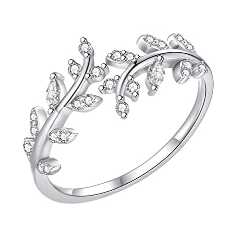 Sterling Silver Rings for Women, 925 Silver Open Adjustable Ring Olive Leaf Cubic Zirconia for Daughter Womens Jewellery Gifts Wedding Engagement Anniversary Cover