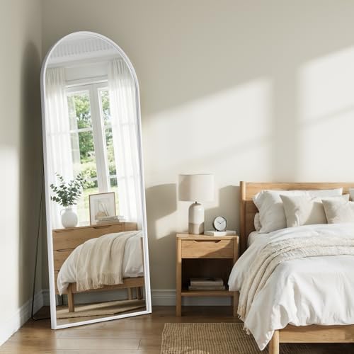 Image of Full Length Mirror - 57 inch x 20 inch Arched Floor Mirror /Wall Mounted Aluminum Alloy Frame Full Body Mirrors for Bathroom Living Room Bedroom and Entryway, White