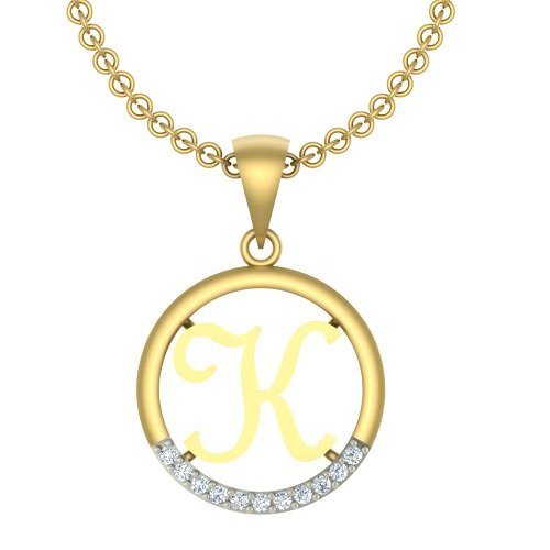 Initial Letter "K" In Circle With Chain Gold Plated Cubic Zirconia Brass Pendant For Everyone