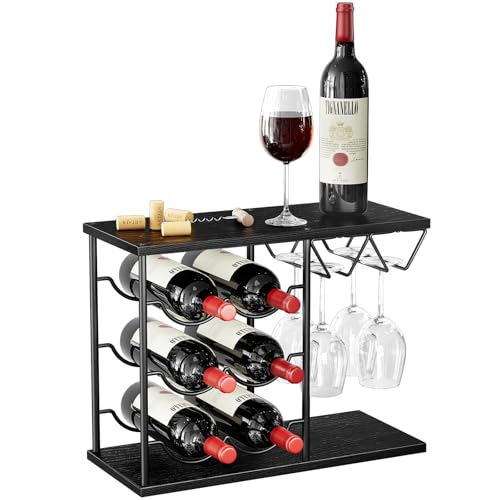 Nuovoware Wine Racks Countertop, Wine Bottle Holder for 6 Bottles & 4 Glasses Holder, Metal Wine Storage Organizer for Kitchen, Bar, Table, Cabinet, Wine Cellar, Black