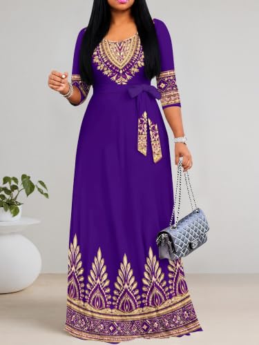 Image of PinkPatty Women's Plus Size Maxi Dresses Casual Flowy 3 /4 Sleeves Dress Printed Vacation Dress for Daily Wear with Belt