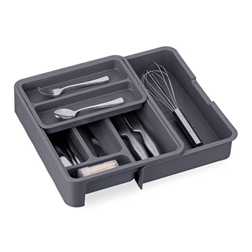 Relaxdays 2 x Organizador de Cubiertos Ajustable, 6,5 x 23,5-40 x 31,5 cm, 7 Compartimentos, plástico, Gris Oscuro