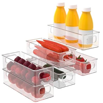 KAVDNAE Set of 6 Refrigerator Pantry Organizer Bins - Stackable Fridge Organizers with Handles for Pantry, Freezer, Kitchen, Countertops, Cabinets - Clear Plastic Food Storage Bins