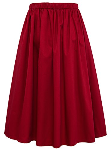 Saia midi evasê com cintura elástica e costas simples da Chouyatou - Bolso, Dark Red, Medium