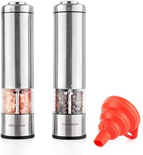 GZOOGHOME Electric Salt and Pepper Grinder Set - Battery Operated Automatic One Handed Salt Pepper Mill with Funnel and Bottom Cap - Ceramic Grinders with Lights and Adjustable Coarseness
