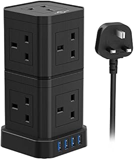 Tower Extension Lead with USB Slots, 9 Way Plug Extension with 4 USB, 2M Extension Cable, Black Multi Plug Extension Sockets 3250W/13A, Detach/Stackable Power Strip Extension Cord for Home Office