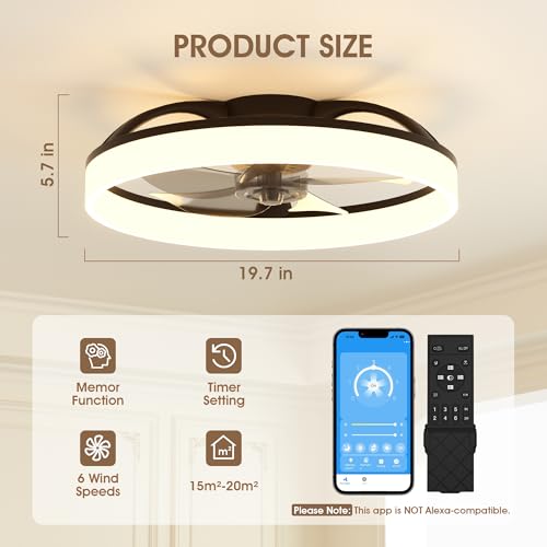 NIORSUN 50cm Ceiling Fans with Lights and Remote, 6 Speeds Modern Smart LED Ceiling Fan Light, 3000K-6500K Dimmable Quiet Fan Lights Ceiling for Bedroom Living Room Dining Room (Black) - Image 6