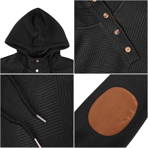 Mens Fashion Pullover Hoodies Long Sleeve Thermal Drawstring Button Texture Hooded Sweatshirt4