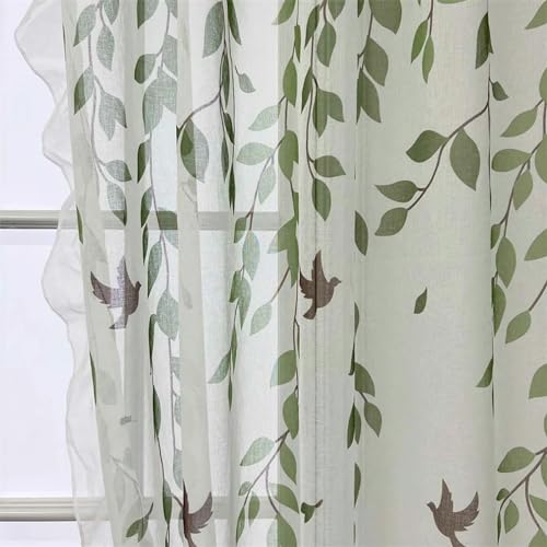 Cortinas de tul transparente con estampado verde que llenan de vida tu ventanal de gasa 3