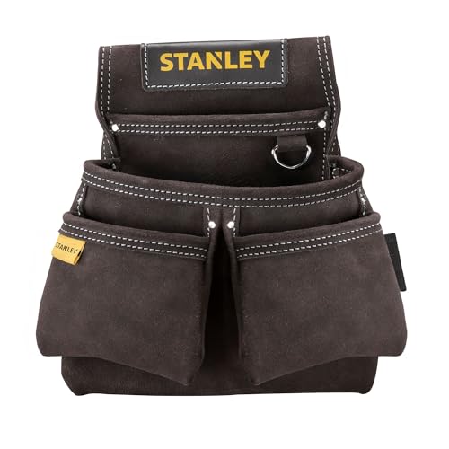 STANLEY Leather Tool Belt Pouch, Double Pocket Organiser for Tools and for Small Parts, STST1-80116 , Black