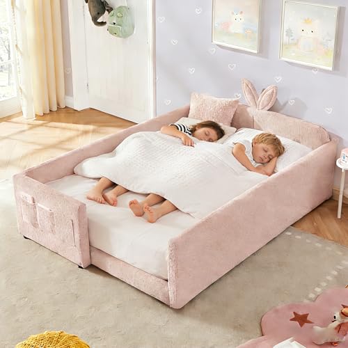 Image of Queen Size Bed Frame for Kids, Upholstered Daybed Frame Floor Bed with Safety Rails and Storage Pocket Cute Rabbit Ear Shaped Headboard for Kids Teens Boys Girls, Pink