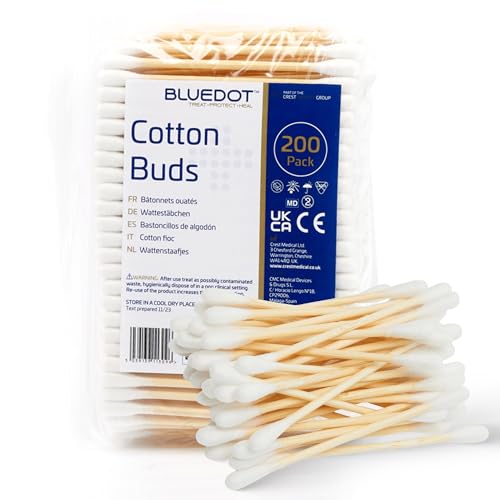 Blue Dot Cotton Wool Buds (Pack of 200) – Double-Ended Soft & Gentle Cotton Buds for Delicate Skin, Made from 100% Pure Cotton Plastic-Free, Ideal for First Aid, Baby Care, and Beauty Use