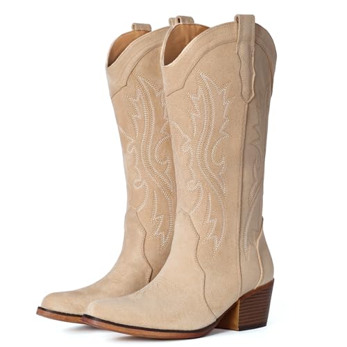 IUV Suede Cowboy Boots for Women Western Mid Calf Cowgirl Boots with Embroidered, Retro Snip Toe...