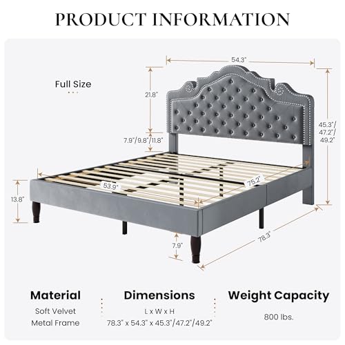 SHA CERLIN Full Size Bed Frame with Adjustable Headboard/Velvet Upholstered/Diamond Button Tufted and Metal Studs/No Box Spring Needed/Wooden Slat Support/Easy Assembly/Light Grey
