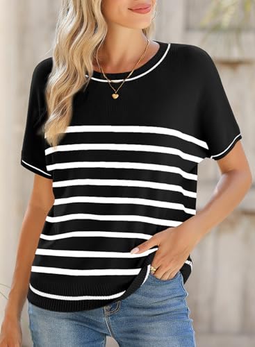 Image of SHEWIN Womens Tops Trendy Short Sleeve Shirts Crewneck Lightweight Knit Sweater Top Business Casual Outfits