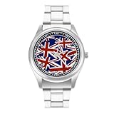 Orologio al quarzo personalizzato con bandiera del Regno Unito, in acciaio inox, con numeri arabi, per uomo e donna