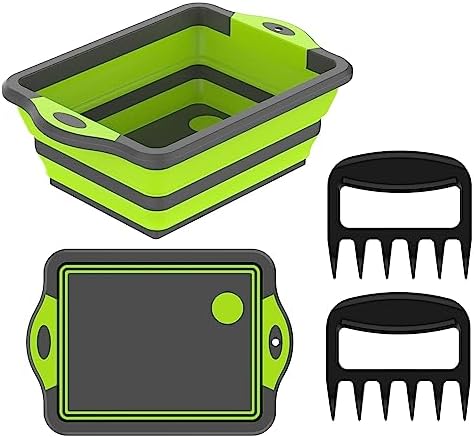 BBQ Prep Tub - Collapsible Chopping Board With Meat Shredder Claws - Food Grade Plastic and Silicone Wash Basin for Seasoning, Veggies - Cutting Board - Camp Kitchen