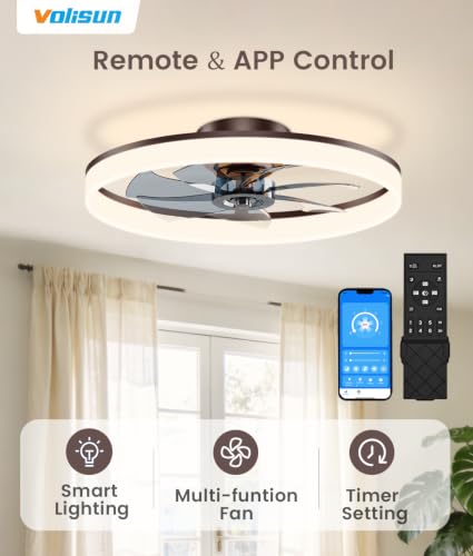 Image of VOLISUN Low Profile Ceiling Fans with Lights and Remote, 24in Fandelier Ceiling Fan Flush Mount, 3000K-6500K Smart Bladeless LED Fan Light, Brown Modern Ceiling Fans with Lights for Bedroom