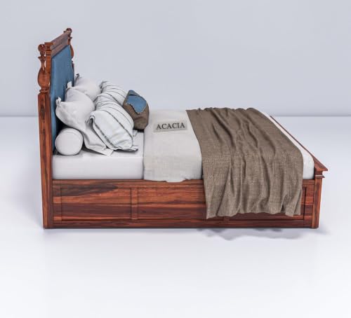 Image of Craft Solid Wooden King Size Bed with Storage | Double Bed Cot Bed with Box Storage & Blue Colour Upholstered Cushioned Headboard for Bedroom | Sheesham Wood, Honey