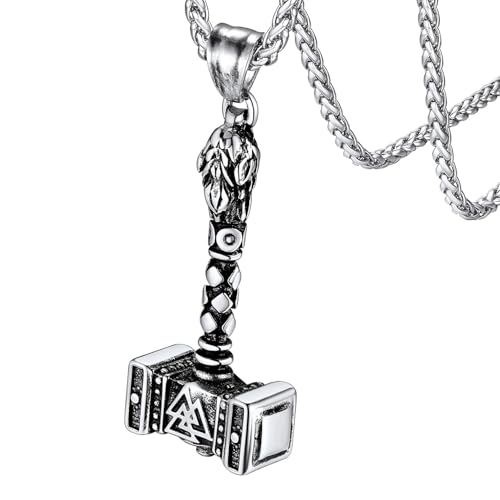 FaithHeart Valknut Amulet Norse Viking Thor's Hammer Pendant Necklace for Men, Stainless Steel Nordic Runes Mjolnir Neck Jewelry Accessories for Women