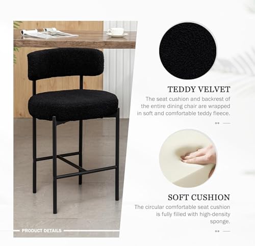 Image of Cinxzar Boucle Bar Stools Set of 2, Black Counter Height Bar Stools with Backs, Modern Barstools for Kitchen Island, Pub, Club