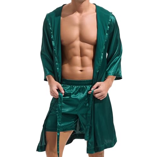 AMY COULEE Mens Silk Robe with Shorts 2 Pcs Satin Boxers Hooded Bathrobe Sexy Pajama Set Half sleeve Sleepwear